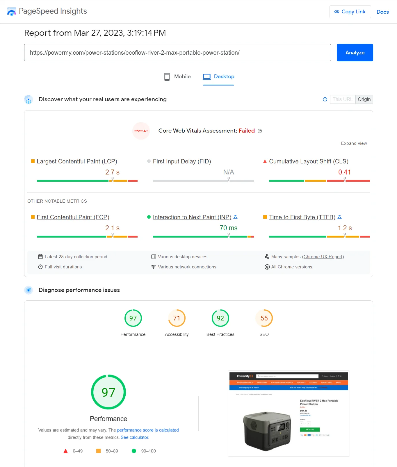 PageSpeed Insights report showing performance metrics like LCP, FID and TTFB with a failed core web vital assessment.